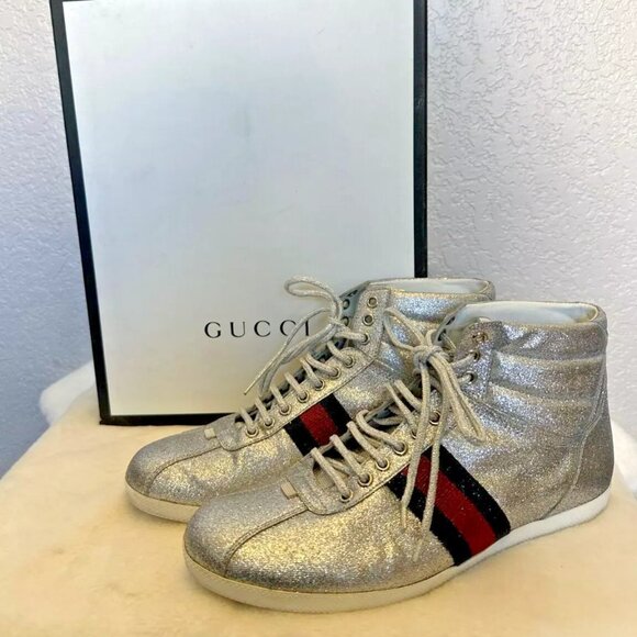 Gucci Sneakers Glitter Web Leather Silver Metallic High Top RARE Gucci 9, US 9.5 - Picture 2 of 10